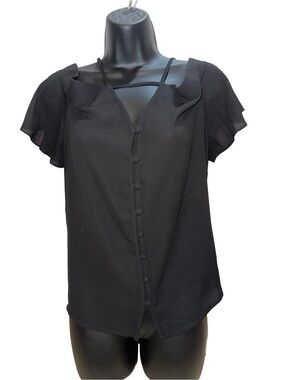 Express Black Button-Front Blouse with Chiffon Flutter Sleeves